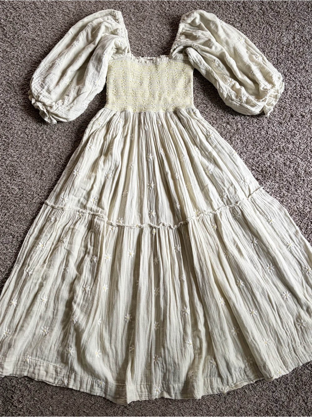 Free People Dahlia Embroidered Tiered Maxi Dress Floral Puff Sleeve Smocked